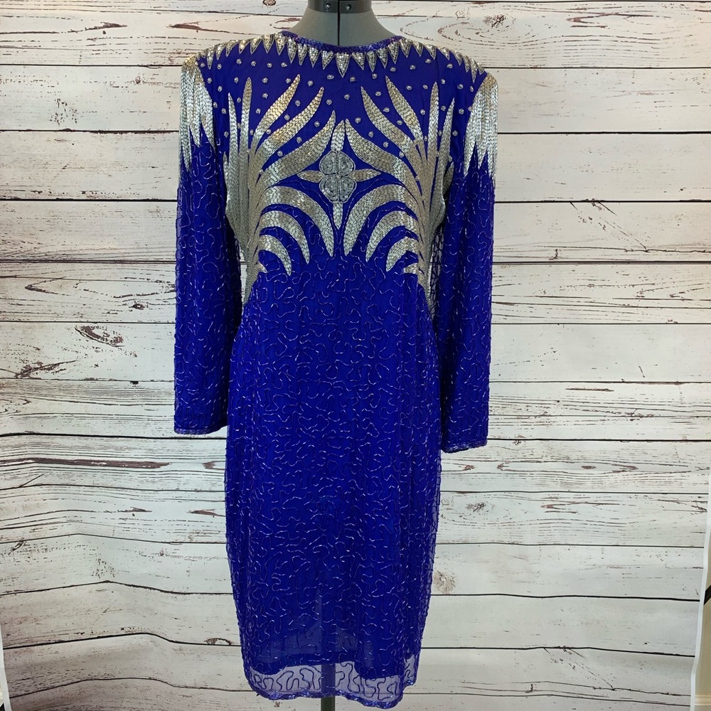 Heavily beaded blue and silver dress